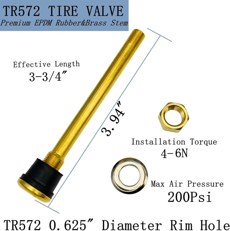 AKISS TR572 Brass Commercial Truck Valve Stems (Pack of 10) - 3-3/4 for Rim .625", Clamp-in Replacement for Bus Tires - Image 2
